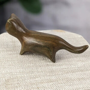 Wooden hand carved cat statue figurine long lanky kitty green brown wood color